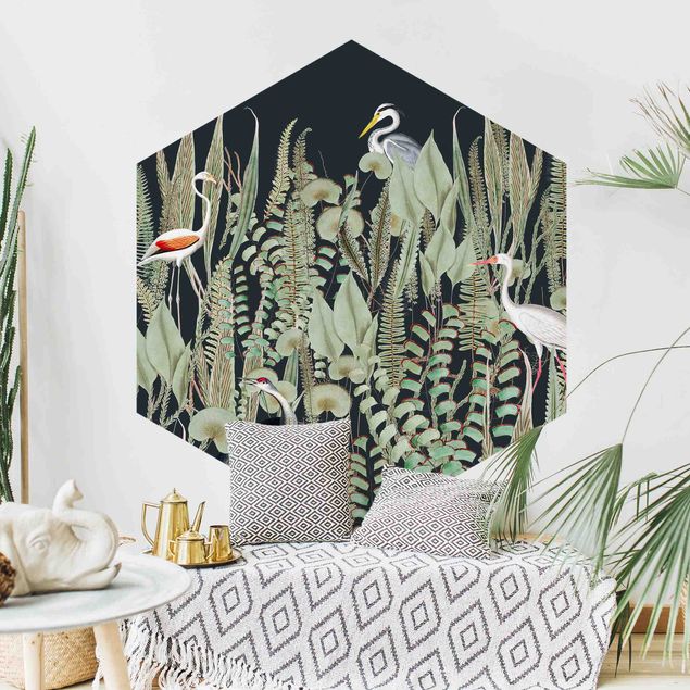 Tapet med fugle Flamingo And Stork With Plants On Green