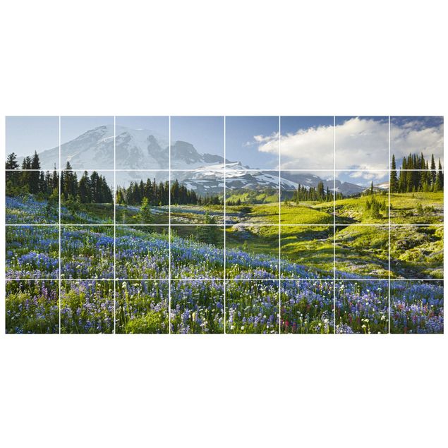 Flise klistermærker blå Mountain Meadow With Blue Flowers in Front of Mt. Rainier