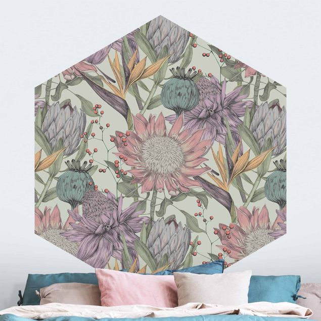 Mønstret tapeter Floral Elegance In Pastel On Mint Backdrop XXL
