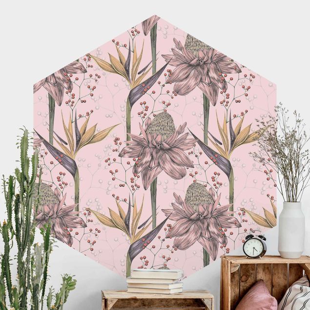 køkken dekorationer Floral Elegance Vintage Strelitzia On Pink Backdrop XXL