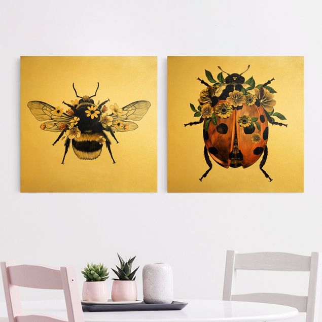 Billeder på lærred blomster Floral Illustration - Bumblebee And Ladybug