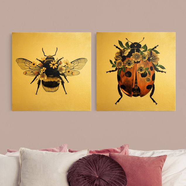 Billeder gul Floral Illustration - Bumblebee And Ladybug