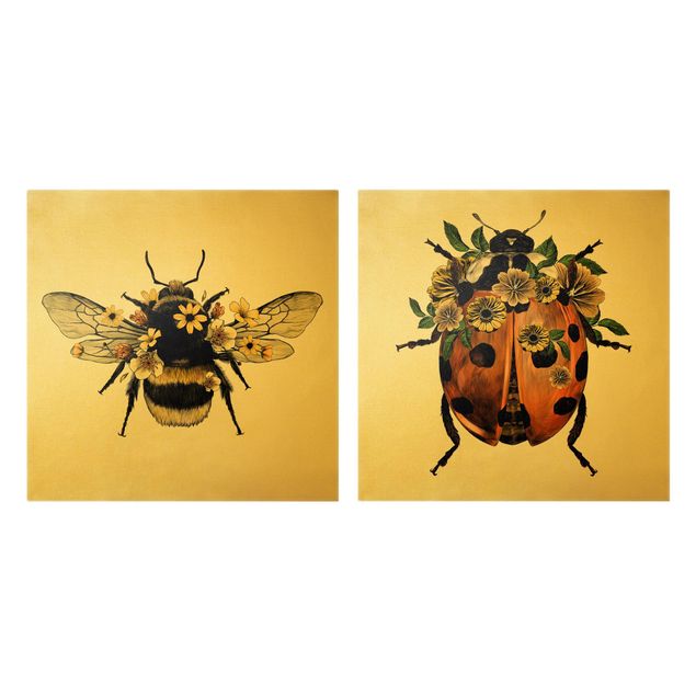 Billeder Floral Illustration - Bumblebee And Ladybug