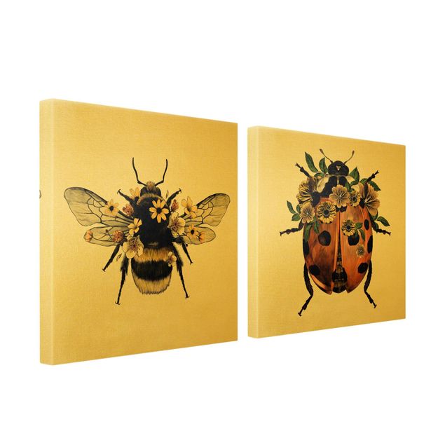 Billeder på lærred Floral Illustration - Bumblebee And Ladybug