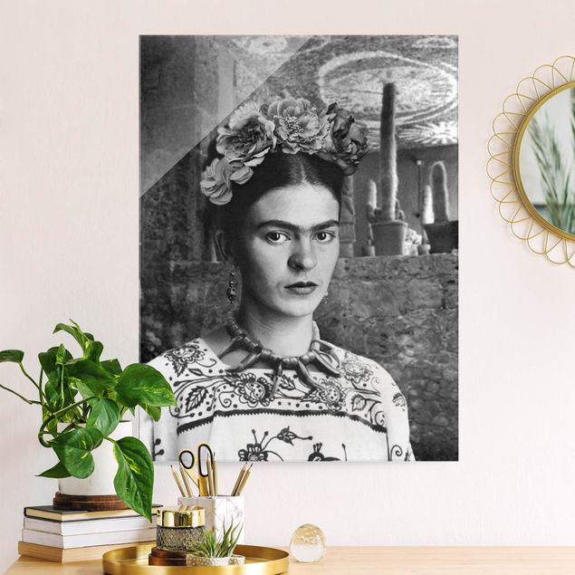 Glasbilleder sort og hvid Frida Kahlo Photograph Portrait With Cacti