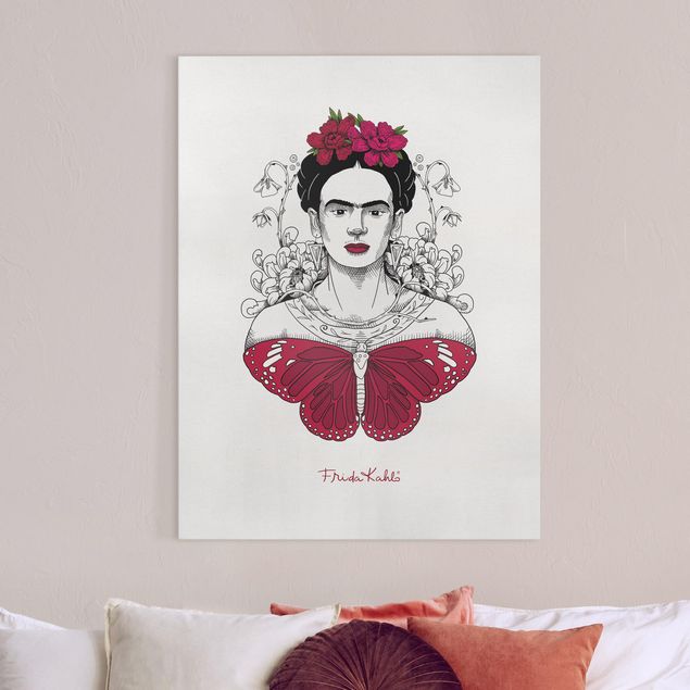 Billeder på lærred sommerfugle Frida Kahlo Portrait With Flowers And Butterflies