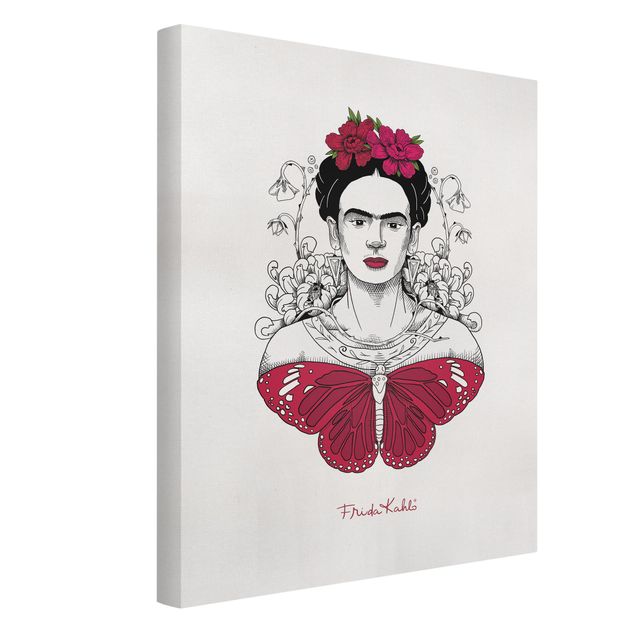 Billeder kunsttryk Frida Kahlo Portrait With Flowers And Butterflies