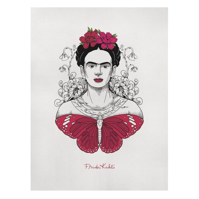 Billeder på lærred dyr Frida Kahlo Portrait With Flowers And Butterflies