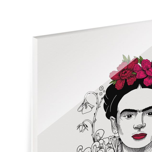Glas magnettavla Frida Kahlo Portrait With Flowers And Butterflies