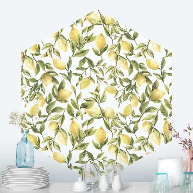 Mønstret tapeter Fruity Lemons With Leaves