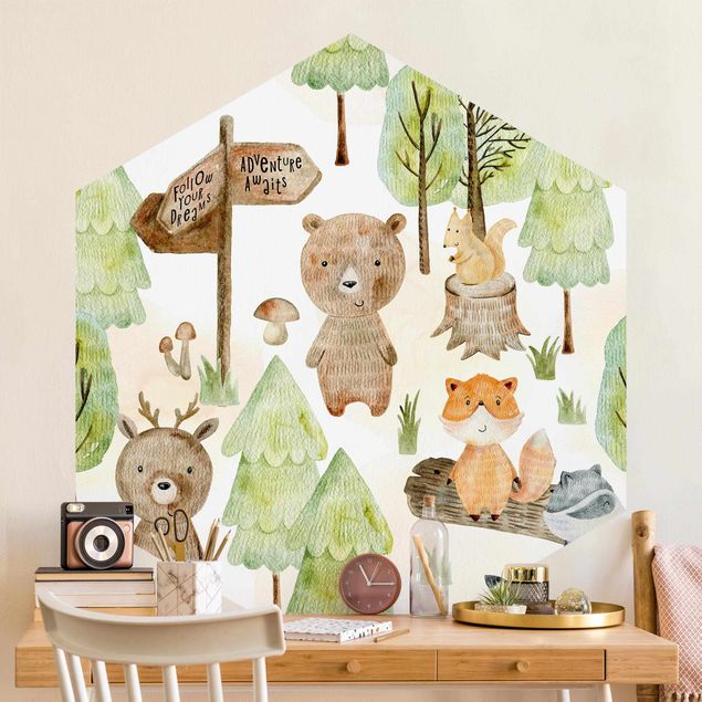 Moderne tapet Fox And Bear With Trees