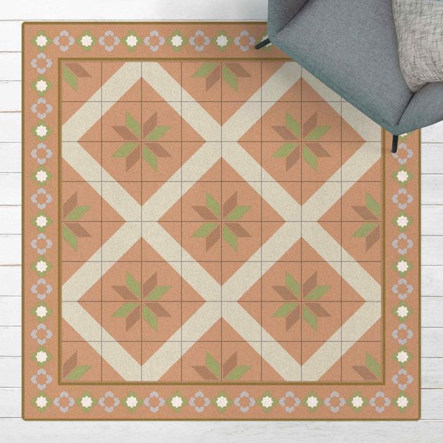 køkken dekorationer Geometrical Tiles Rhombal Flower Olive Green With Border