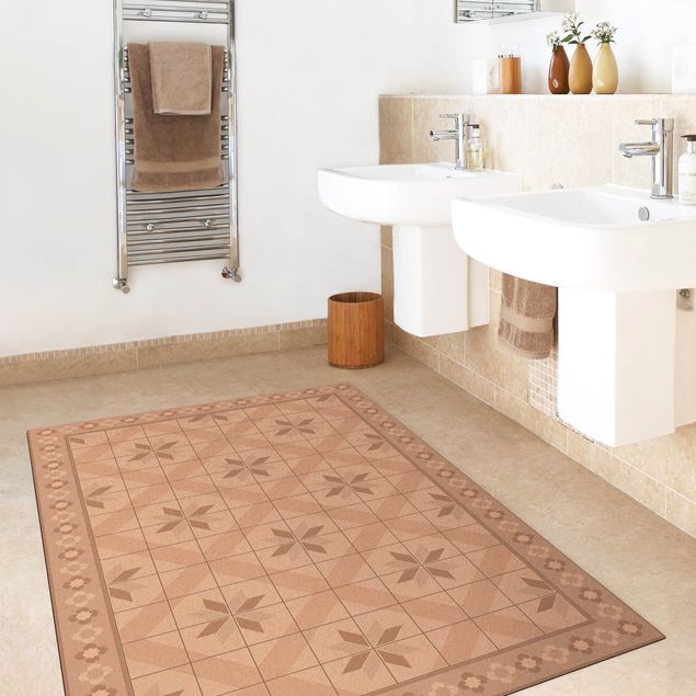 moderne gulvtæppe Geometrical Tiles Rhombal Flower Sand With Border