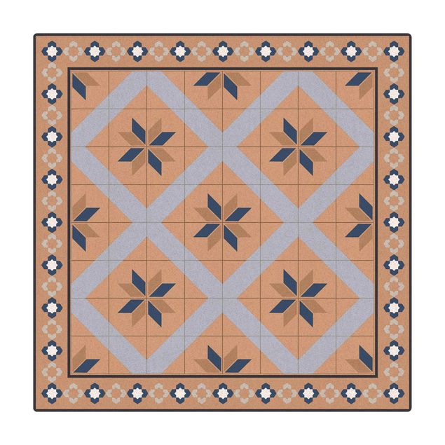 gulvtæppe under spisebord Geometrical Tiles Rhombal Flower Pigeon Blue With Border