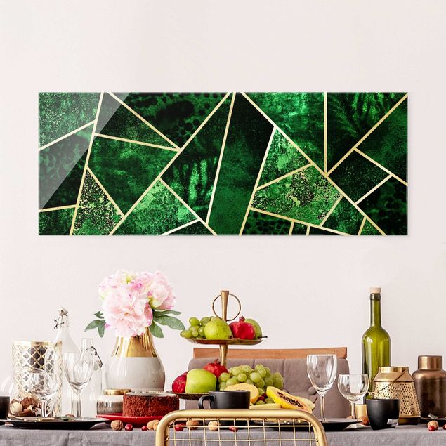 Glasbilleder abstrakt Golden Geometry - Dark Emerald