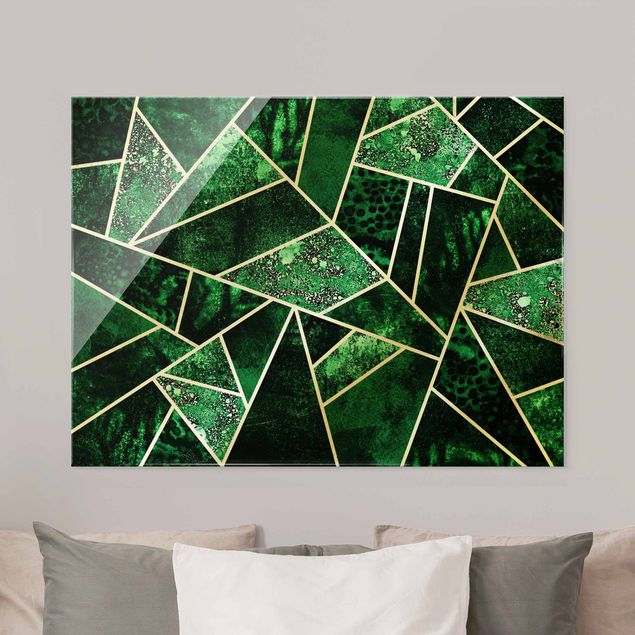 Glasbilleder abstrakt Golden Geometry - Dark Emerald