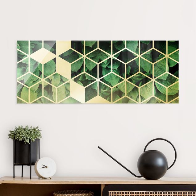 Glasbilleder abstrakt Golden Geometry - Green Leaves