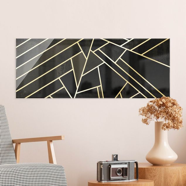 Glasbilleder abstrakt Golden Geometry - Black Triangles