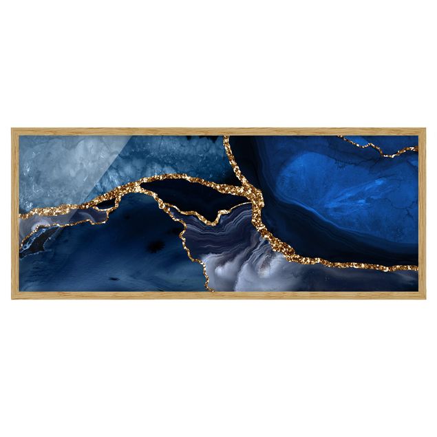 Indrammede plakater kunsttryk Golden Glitter Waves Blue backdrop
