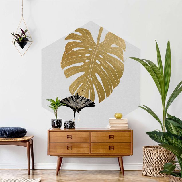 Blomster tapet Golden Monstera With Butterfly