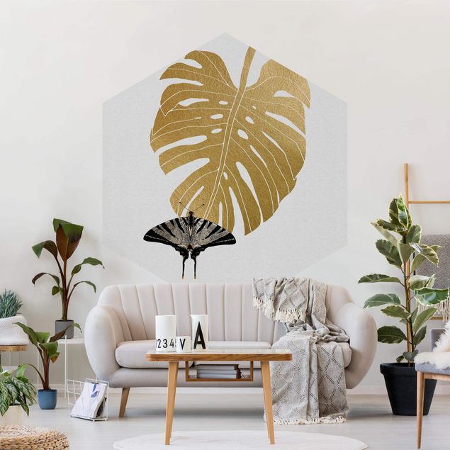 Moderne tapet Golden Monstera With Butterfly