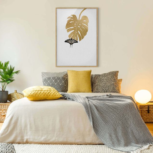 Indrammede plakater blomster Golden Monstera With Butterfly