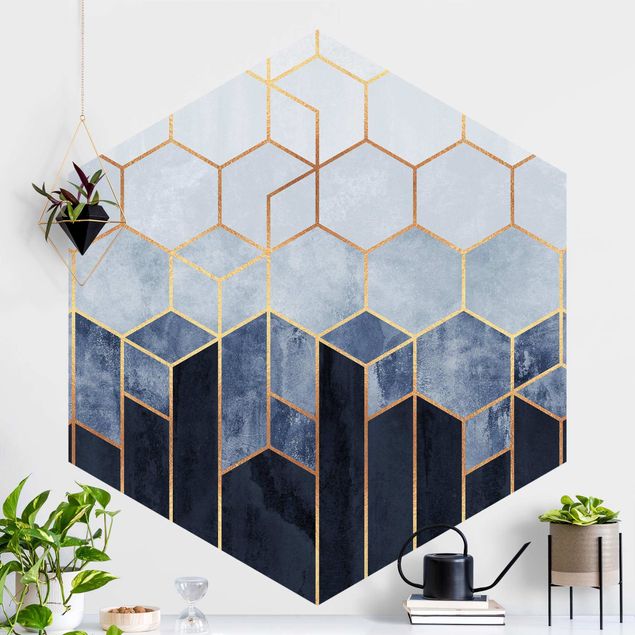 Geometrisk tapet Golden Hexagons Blue White