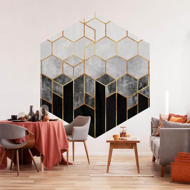 Tapet med mønster Golden Hexagons Black And White