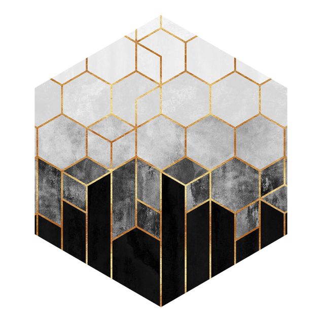 Blåt tapet Golden Hexagons Black And White