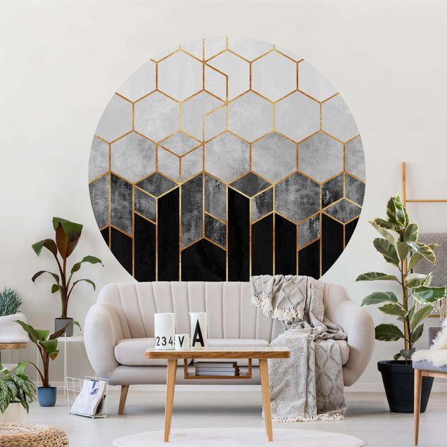 Geometrisk tapet Golden Hexagons Black And White