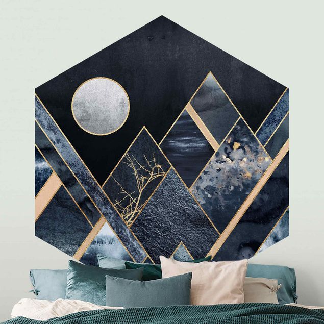 Fototapet bjerge Golden Moon Abstract Black Mountains