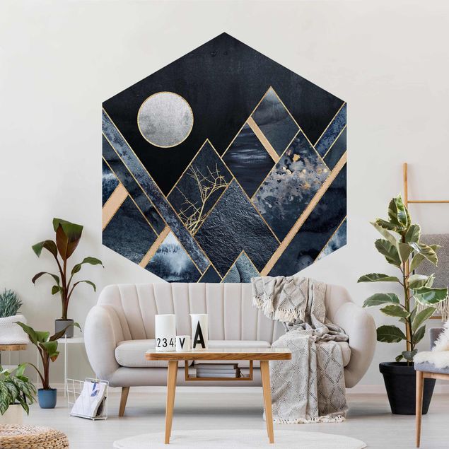 Tapet moderne Golden Moon Abstract Black Mountains