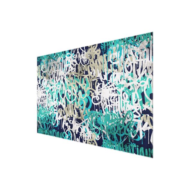 Glas magnettavla Graffiti Art Tagged Wall Turquoise