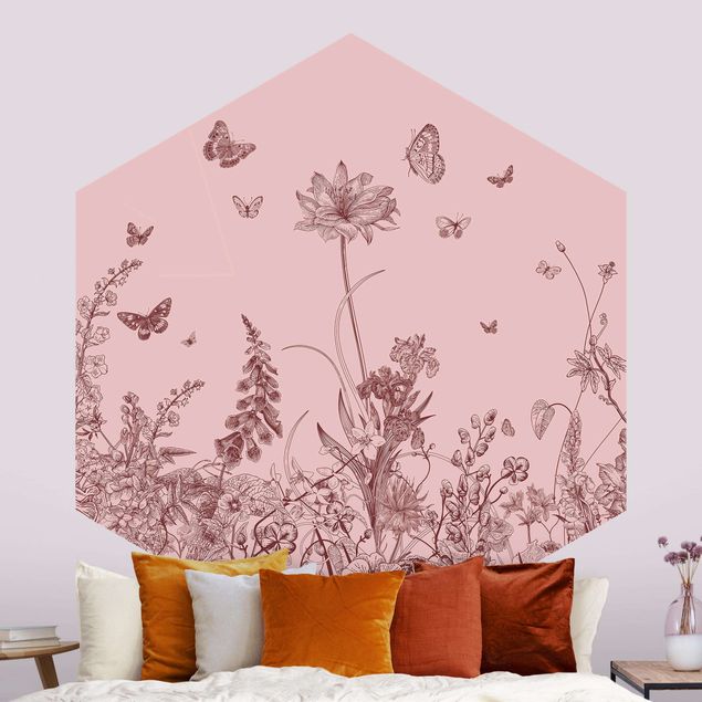 Sommerfugle tapet Large Flowers With Butterflies On Pink