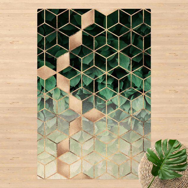 moderne tæppe Green Leaves Golden Geometry