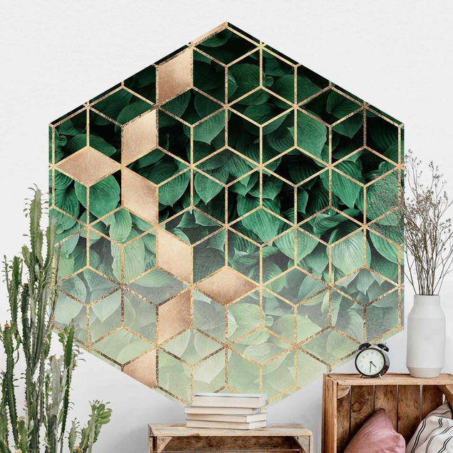 Tapet geometrisk Green Leaves Golden Geometry