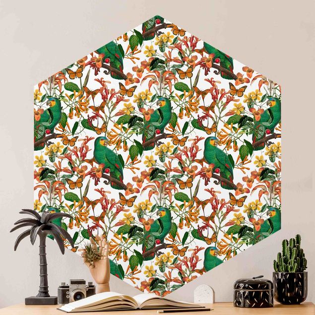 Tapet sommerfugle Green Parrots With Tropical Butterflies