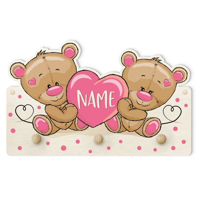 Knagerækker lyserød Heart Bears With Customised Name Pink