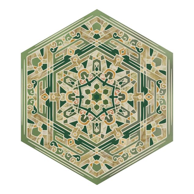 Tapet Hexagonal Mandala In Green With Gold