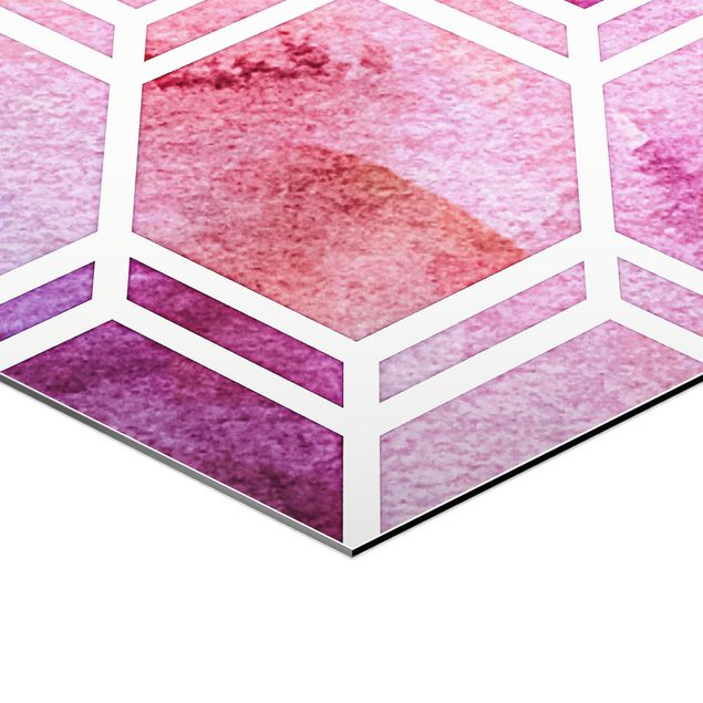 Prints på aluminium Dibond Hexagonal Dreams Watercolour In Berry