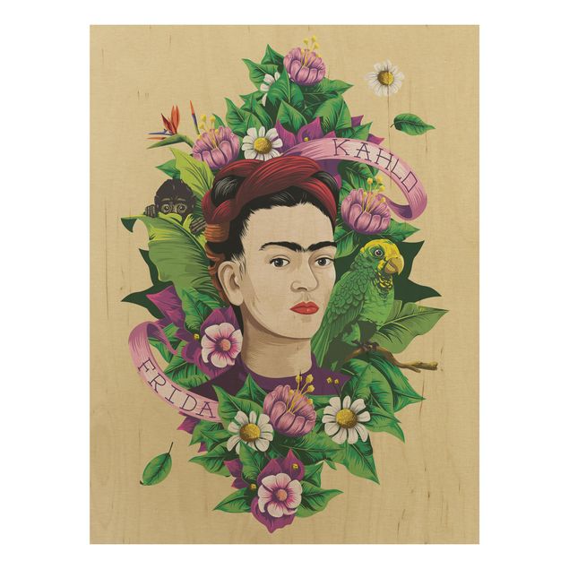 Prints på træ blomster Frida Kahlo - Frida, Monkey And Parrot