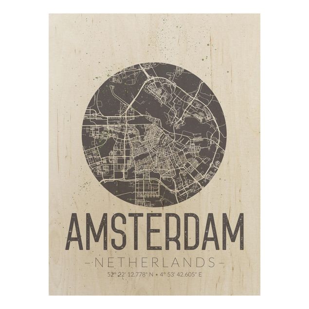 Prints på træ ordsprog Amsterdam City Map - Retro