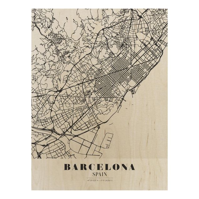 Prints på træ ordsprog Barcelona City Map - Classic