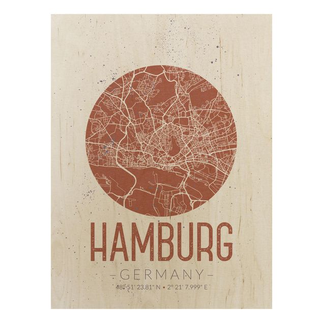 Prints på træ ordsprog Hamburg City Map - Retro