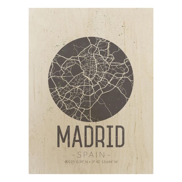 Prints på træ ordsprog Madrid City Map - Retro