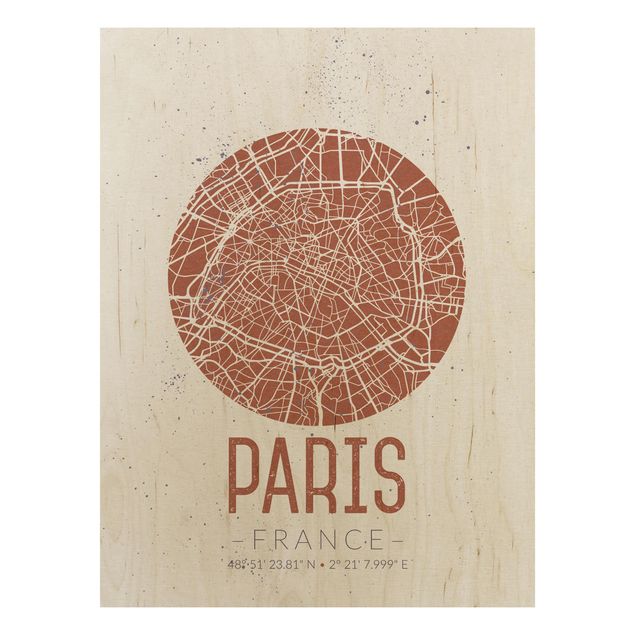 Prints på træ ordsprog City Map Paris - Retro
