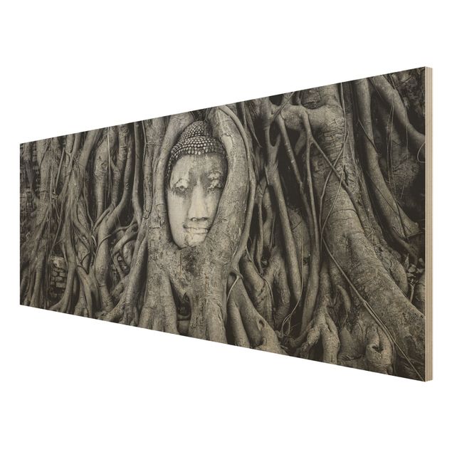 Prints på træ landskaber Buddha In Ayutthaya Lined From Tree Roots In Black And White