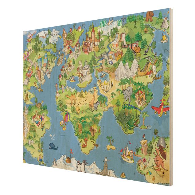 Prints på træ Great and Funny Worldmap