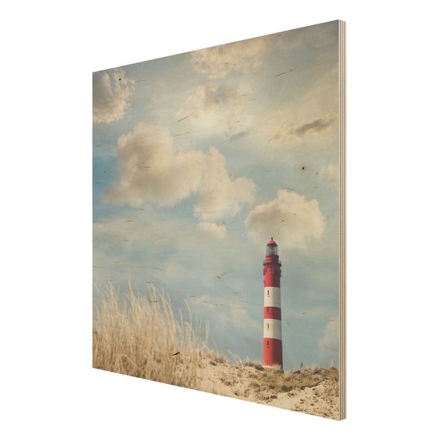 Prints på træ strande Lighthouse Between Dunes