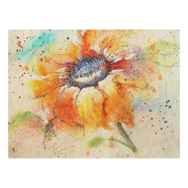 Prints på træ blomster Painted Sunflower